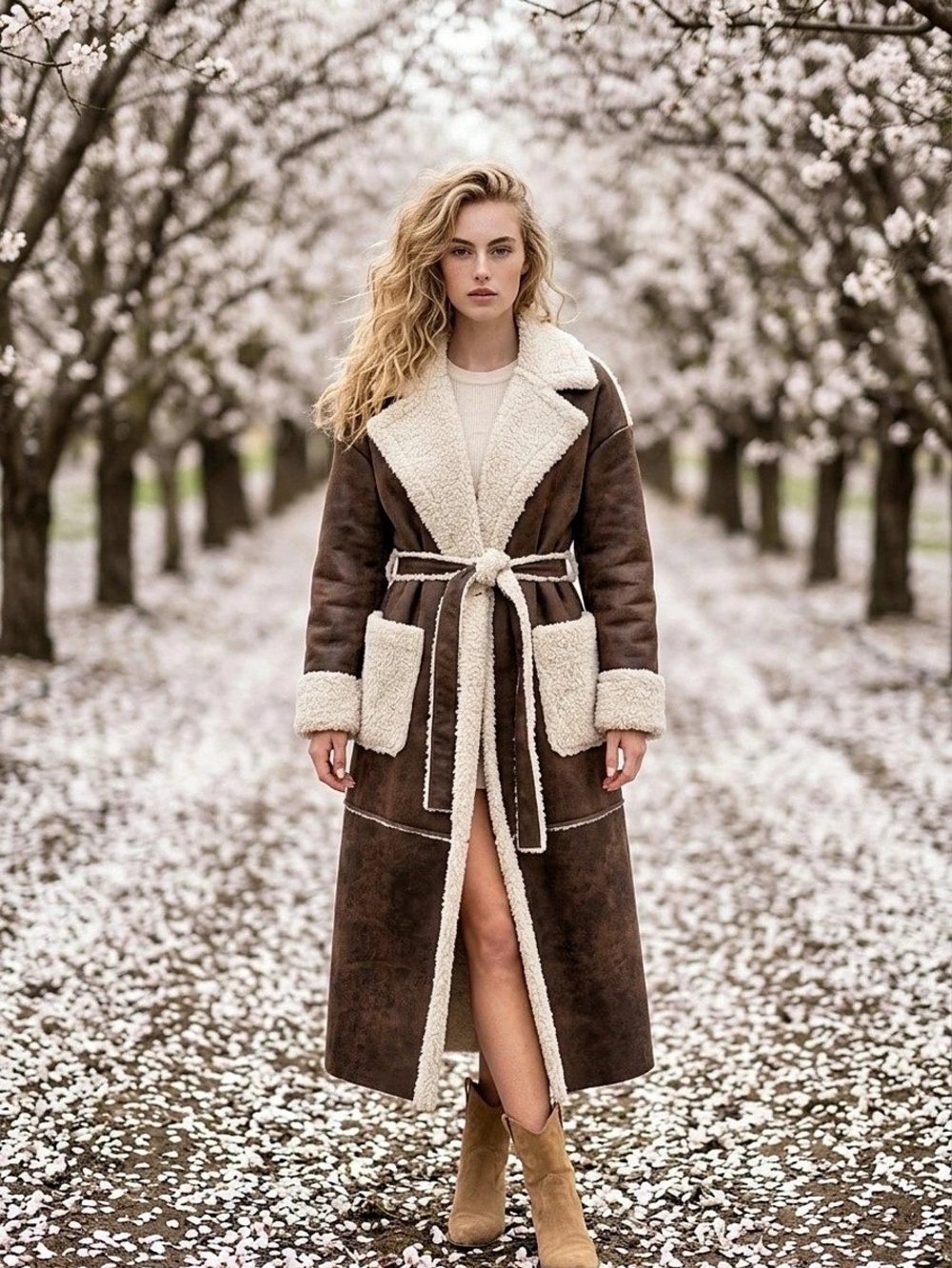 Loowie MADE in Italy Shearling-Style Belted Vegan Coat in Brown & Cream NWT